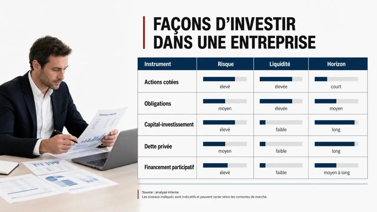 Investir sur une entreprise : comparaison visuelle des modes d’investissement, du risque et de la liquidité