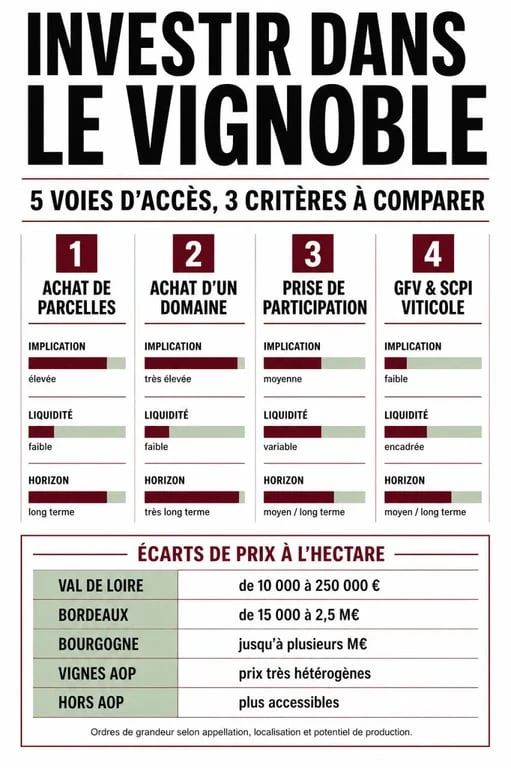 Infographie investir dans le vignoble comparant achat direct, GFV, SCPI viticole et prise de participation