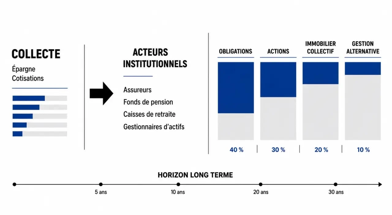 Schéma de l’investissement institutionnel montrant la collecte de l’épargne, l’allocation vers les obligations, les actions et l’immobilier collectif, avec horizon long terme