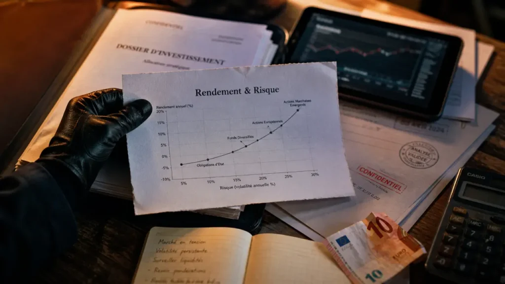 Investir sur une entreprise : rendement et risque, graphiques sur un bureau