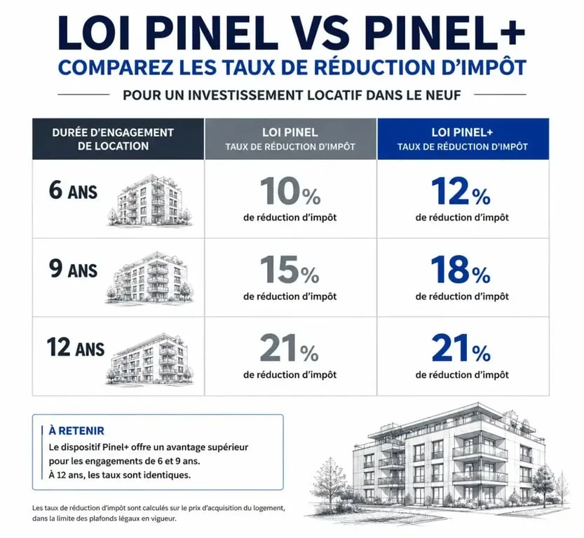 Comparatif des taux de réduction d'impôt entre la loi Pinel classique et le Pinel Plus