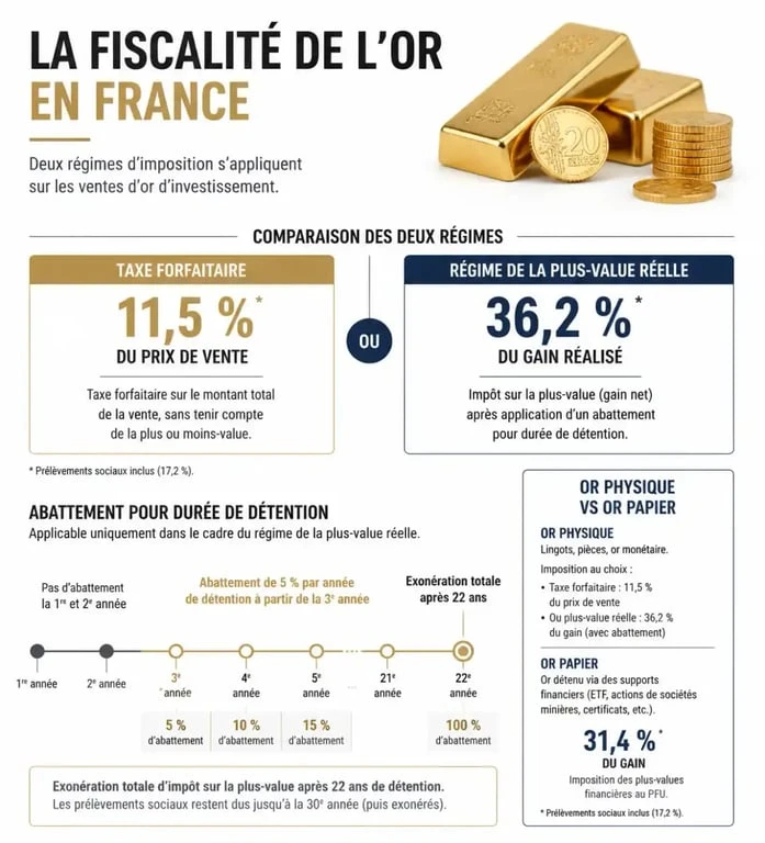 Infographie sur la fiscalité de l'or : taxe forfaitaire, plus-value réelle et or papier