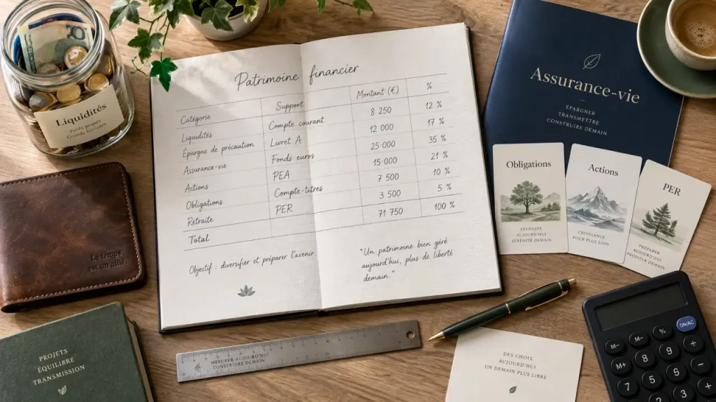 Patrimoine financier après dettes : épargne, placements et assurance-vie sur table