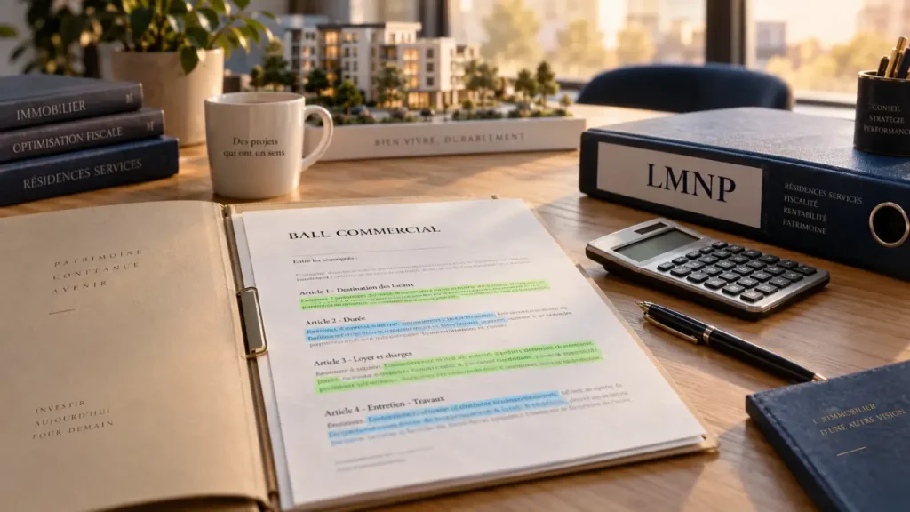 bail commercial lmnp sur bureau avec calculatrice et documents