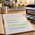bail commercial lmnp sur bureau avec calculatrice et documents
