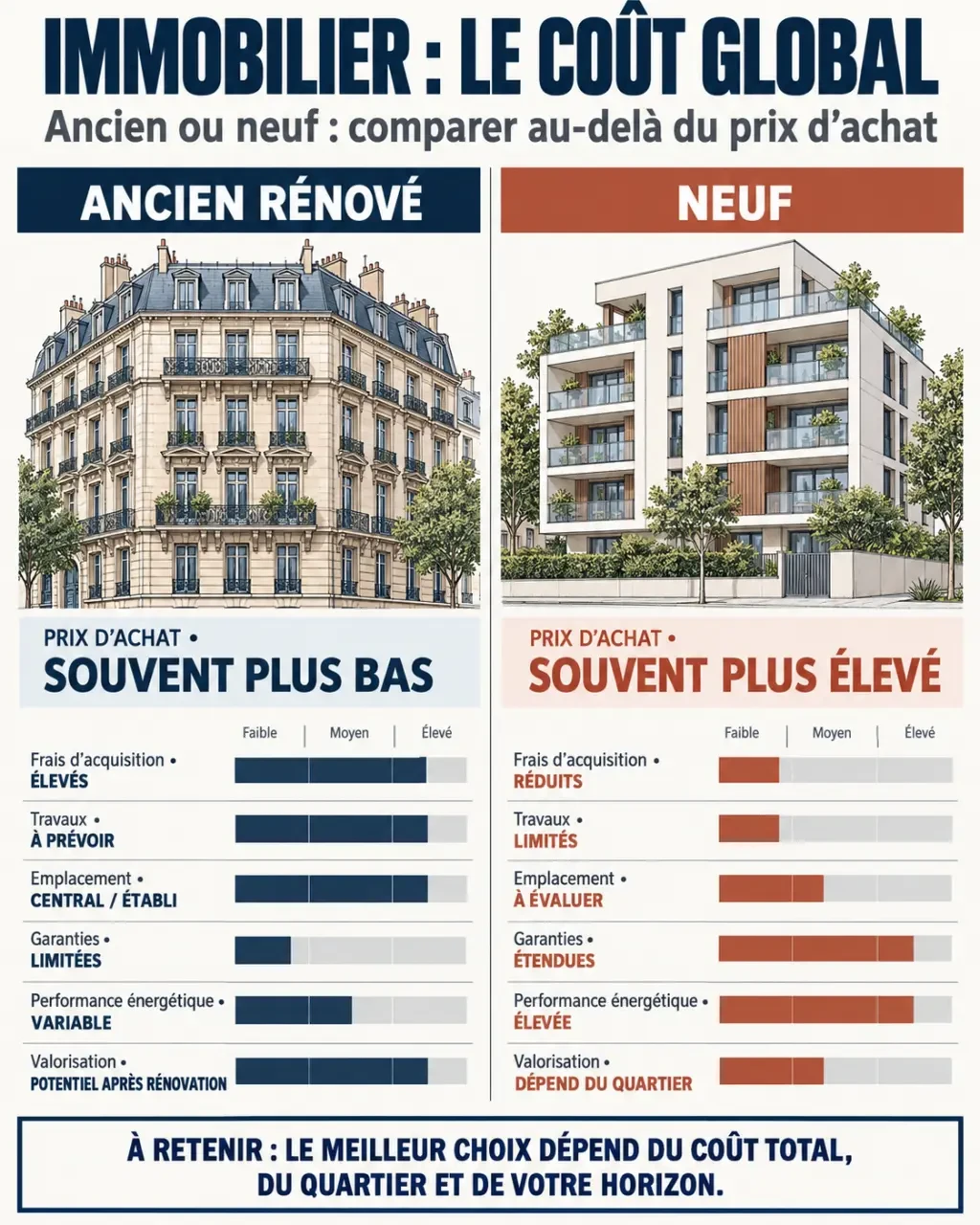 Investissement immobilier ancien comparé au neuf selon le coût global, les travaux et les frais d’acquisition