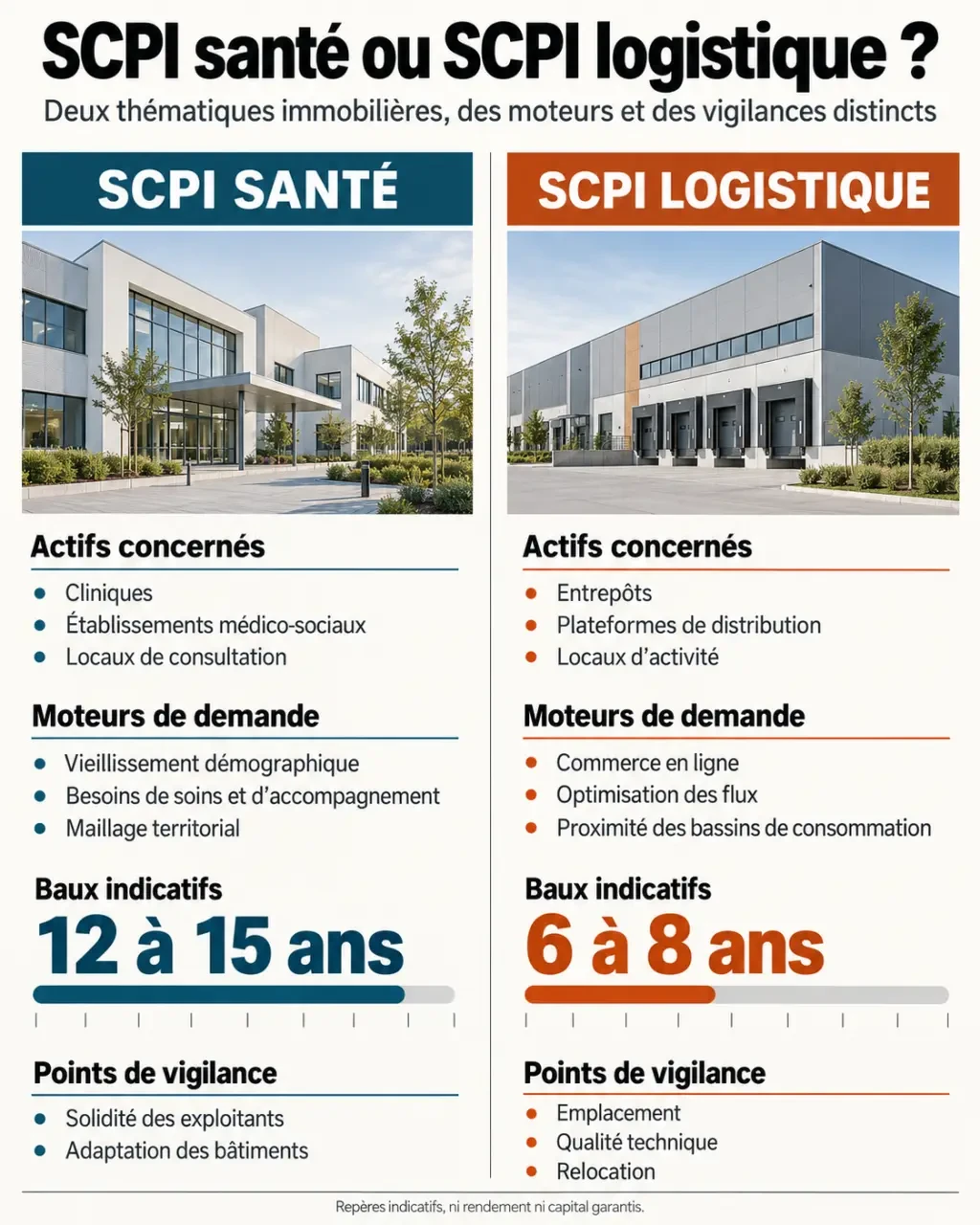 Infographie comparative SCPI santé logistique : baux, moteurs de demande et risques principaux