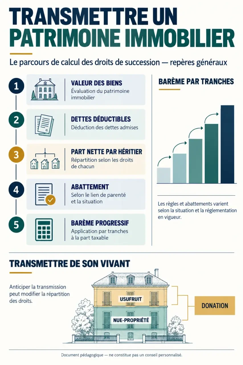 Infographie sur comment eviter frais de succession, abattements, barème et transmission anticipée