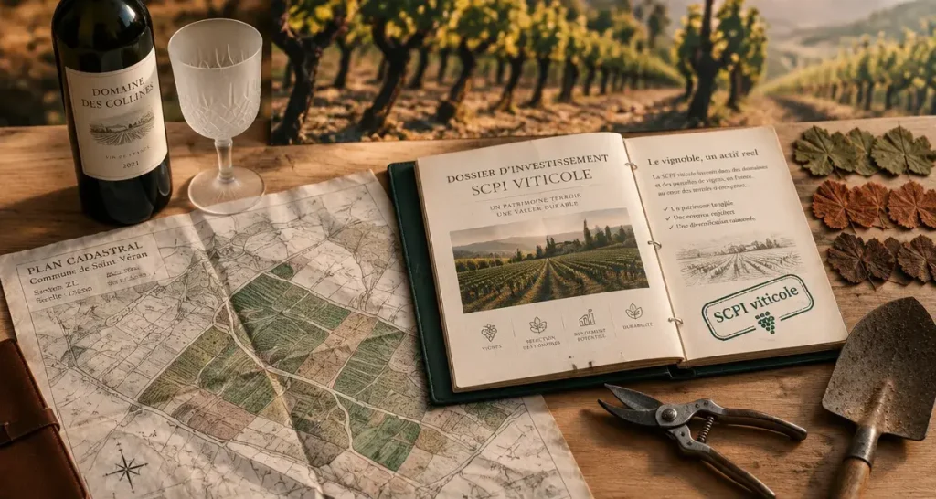 scpi viticole : dossier viticole, parcelles de vignes et bouteille de vin