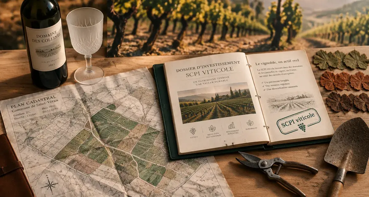scpi viticole : dossier viticole, parcelles de vignes et bouteille de vin